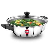 Litre Cook n Serve Frying Pan, Stainless Steel Fry Pan with Glass Lid, Induction Frying Pan, Frypan for Cooking and Serving, Silver