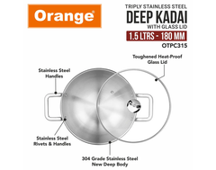 Orange Triply Stainless Steel Deep Kadai with Glass Lid