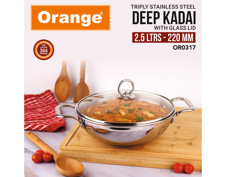 Orange Triply Stainless Steel Deep Kadai with Glass Lid