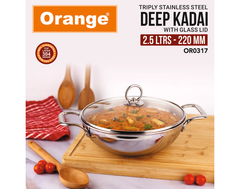Orange Triply Stainless Steel Deep Kadai with Glass Lid