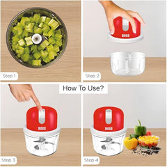 BOSS USB Rechargeable Wireless Electric Chopper with Stainless Steel Blades, One Touch Operation, 10 Seconds Chopping, Mincing Vegetable - 350 ML, 40 Watts