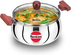 Hawkins Cook n Serve Handi, Triply Stainless Steel Handi with Glass Lid, Induction Sauce Pan, Saucepan, Silver