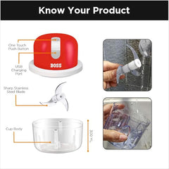 BOSS USB Rechargeable Wireless Electric Chopper with Stainless Steel Blades, One Touch Operation, 10 Seconds Chopping, Mincing Vegetable - 350 ML, 40 Watts