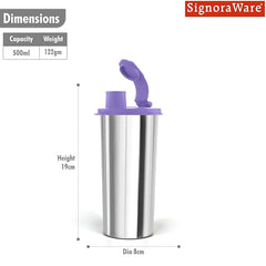 SignoraWare Stainless Steel Stylish Sipper with Lid | Air Tight Leak Proof Glass Tumblers/Sippers for Office Gym Yoga Hiking Trekking Travel Home Kitchen (450ml), Set of 1