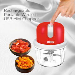 BOSS USB Rechargeable Wireless Electric Chopper with Stainless Steel Blades, One Touch Operation, 10 Seconds Chopping, Mincing Vegetable - 350 ML, 40 Watts