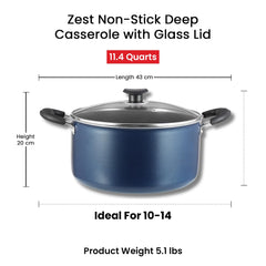 Vinod Zest Aluminium Non Stick Saucepot with Glass Lid - 10.8 Litre, 30 cm | 3 mm Extra Thick | Swiss Quality | 3 Layer Coating | Metal Spoon Friendly - 1 Year Warranty