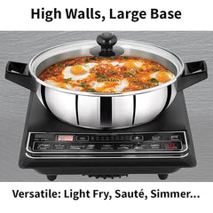 Litre Cook n Serve Frying Pan, Stainless Steel Fry Pan with Glass Lid, Induction Frying Pan, Frypan for Cooking and Serving, Silver