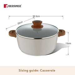Bergner Naturally DieCast NonStick Casserole with Glass Lid, Free Woven Trivet, Heat Resistant Silicone Handle Grips, White Granite Finish, Induction & Gas ready