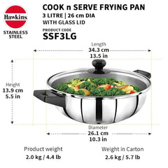 Litre Cook n Serve Frying Pan, Stainless Steel Fry Pan with Glass Lid, Induction Frying Pan, Frypan for Cooking and Serving, Silver