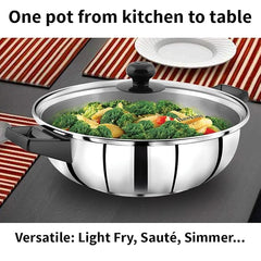 Litre Cook n Serve Frying Pan, Stainless Steel Fry Pan with Glass Lid, Induction Frying Pan, Frypan for Cooking and Serving, Silver