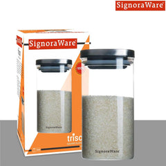 Signoraware Trison 1400ml Square Brorosilicate Glass Jars & Containers With Airtight Lid / Wide Mouth Compact Jar for Storage / Bowl is Microwave Freezer Safe Not Lid ( 1.4 Litres / Food Grade)
