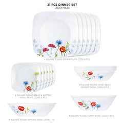 Corelle 21 Pc Square Round Dinner Set - Daisy Field White