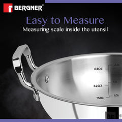 BERGNER BE Essentials Triply Stainless Steel 20cm / 1.4 L Kadai with Flat Glass Lid, Kadhai with Lid, Consumes Less Oil, Healthy Cooking, Mirror Shiny Finish, Easy to Clean - Full Induction Bottom