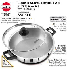 Litre Cook n Serve Frying Pan, Stainless Steel Fry Pan with Glass Lid, Induction Frying Pan, Frypan for Cooking and Serving, Silver