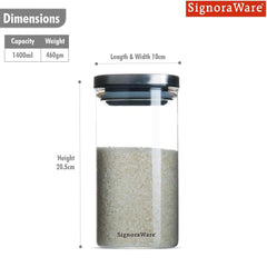 Signoraware Trison 1400ml Square Brorosilicate Glass Jars & Containers With Airtight Lid / Wide Mouth Compact Jar for Storage / Bowl is Microwave Freezer Safe Not Lid ( 1.4 Litres / Food Grade)