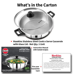 Litre Cook n Serve Frying Pan, Stainless Steel Fry Pan with Glass Lid, Induction Frying Pan, Frypan for Cooking and Serving, Silver