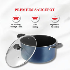 Vinod Zest Aluminium Non Stick Saucepot with Glass Lid - 10.8 Litre, 30 cm | 3 mm Extra Thick | Swiss Quality | 3 Layer Coating | Metal Spoon Friendly - 1 Year Warranty