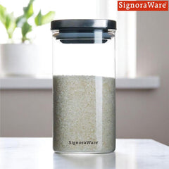 Signoraware Trison 1400ml Square Brorosilicate Glass Jars & Containers With Airtight Lid / Wide Mouth Compact Jar for Storage / Bowl is Microwave Freezer Safe Not Lid ( 1.4 Litres / Food Grade)