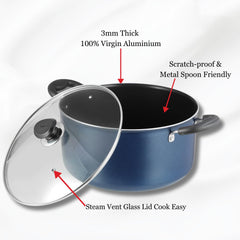 Vinod Zest Aluminium Non Stick Saucepot with Glass Lid - 10.8 Litre, 30 cm | 3 mm Extra Thick | Swiss Quality | 3 Layer Coating | Metal Spoon Friendly - 1 Year Warranty