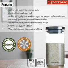 Signoraware Trison 1400ml Square Brorosilicate Glass Jars & Containers With Airtight Lid / Wide Mouth Compact Jar for Storage / Bowl is Microwave Freezer Safe Not Lid ( 1.4 Litres / Food Grade)