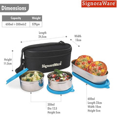 Signoraware Double Decker Special Stainless Steel Lunch Box with Insulated Bag Keeps Food Warm / Leak Spill Proof / Food Grade Tiffin Container (350ml+350ml+650ml