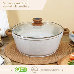 Bergner Naturally DieCast NonStick Casserole with Glass Lid, Free Woven Trivet, Heat Resistant Silicone Handle Grips, White Granite Finish, Induction & Gas ready