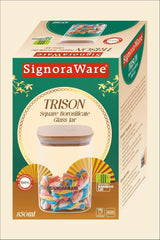 Signoraware Trison Square Jar With Bamboo Lid 850 mlSignoraware Trison Borosilicate Glass Square Jar | Food Storage container with Airtight Bamboo Lid | Multipurpose | For wet and Dry Storage | Easy to Clean | Heat Resistant | (850ml | Clear)