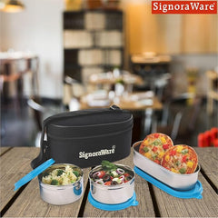 Signoraware Double Decker Special Stainless Steel Lunch Box with Insulated Bag Keeps Food Warm / Leak Spill Proof / Food Grade Tiffin Container (350ml+350ml+650ml