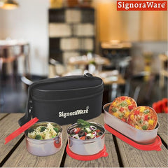 Signoraware Double Decker Special Stainless Steel Lunch Box with Insulated Bag Keeps Food Warm / Leak Spill Proof / Food Grade Tiffin Container (350ml+350ml+650ml