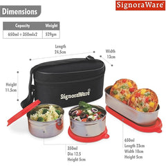 Signoraware Double Decker Special Stainless Steel Lunch Box with Insulated Bag Keeps Food Warm / Leak Spill Proof / Food Grade Tiffin Container (350ml+350ml+650ml