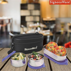 Signoraware Double Decker Special Stainless Steel Lunch Box with Insulated Bag Keeps Food Warm / Leak Spill Proof / Food Grade Tiffin Container (350ml+350ml+650ml