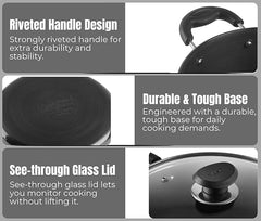 Vinod Black Pearl Hard Anodised Saucepot with Glass Lid 7 litres Capacity (26 cm Diamater) with Riveted Sturdy Handles - 3.25 mm Thickness