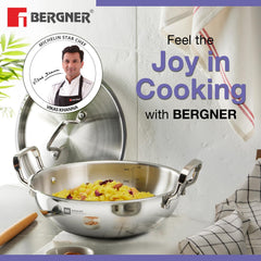 BERGNER BE Essentials Triply Stainless Steel 20cm / 1.4 L Kadai with Flat Glass Lid, Kadhai with Lid, Consumes Less Oil, Healthy Cooking, Mirror Shiny Finish, Easy to Clean - Full Induction Bottom
