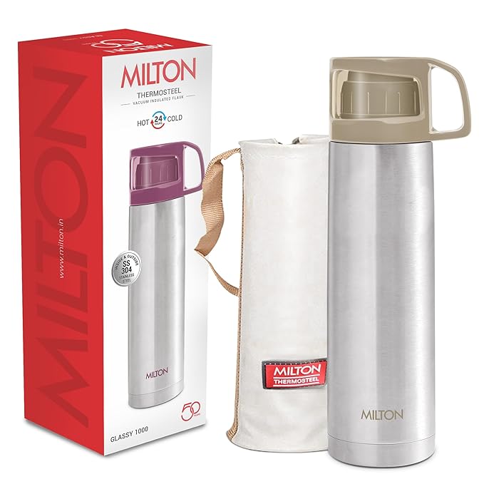 Milton Glassy 1000 Thermosteel Vacuum Insulated Double Walled Flask with Drinking Cup lid & Jacket, 1000 ml Water Bottles,24 Hours Hot & Cold,Easy to Carry,Rust Proof, Tea, Coffee,Travel Bottle