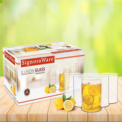 SIGNORA WARE Illusion Borosilicate Glass Drinking Glasses | Crystal Clarity | Lightweight | Odorless | Best For Serving Drinks & Lemonade | Giftable | Useful For Parties ( 350Ml X 6 | Clear )