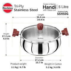 Hawkins Cook n Serve Handi, Triply Stainless Steel Handi with Glass Lid, Induction Sauce Pan, Saucepan, Silver