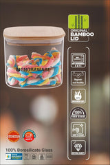Signoraware Trison Borosilicate Glass Square Jar | Food Storage container with Airtight Bamboo Lid | Multipurpose | For wet and Dry Storage | Easy to Clean | Heat Resistant | (700ml | Clear)