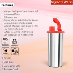 SignoraWare Stainless Steel Stylish Sipper with Lid | Air Tight Leak Proof Glass Tumblers/Sippers for Office Gym Yoga Hiking Trekking Travel Home Kitchen (450ml), Set of 1