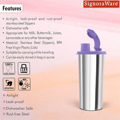 SignoraWare Stainless Steel Stylish Sipper with Lid | Air Tight Leak Proof Glass Tumblers/Sippers for Office Gym Yoga Hiking Trekking Travel Home Kitchen (450ml), Set of 1