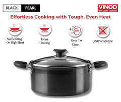 Vinod Black Pearl Hard Anodised Saucepot with Glass Lid 7 litres Capacity (26 cm Diamater) with Riveted Sturdy Handles - 3.25 mm Thickness