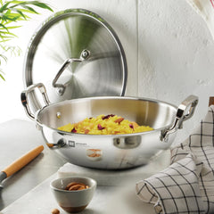 BERGNER BE Essentials Triply Stainless Steel 20cm / 1.4 L Kadai with Flat Glass Lid, Kadhai with Lid, Consumes Less Oil, Healthy Cooking, Mirror Shiny Finish, Easy to Clean - Full Induction Bottom