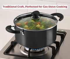 Vinod Black Pearl Hard Anodised Saucepot with Glass Lid 7 litres Capacity (26 cm Diamater) with Riveted Sturdy Handles - 3.25 mm Thickness