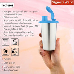 SignoraWare Stainless Steel Stylish Sipper with Lid | Air Tight Leak Proof Glass Tumblers/Sippers for Office Gym Yoga Hiking Trekking Travel Home Kitchen (450ml), Set of 1
