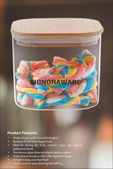 Signoraware Trison Borosilicate Glass Square Jar | Food Storage container with Airtight Bamboo Lid | Multipurpose | For wet and Dry Storage | Easy to Clean | Heat Resistant | (700ml | Clear)