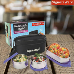 Signoraware Double Decker Special Stainless Steel Lunch Box with Insulated Bag Keeps Food Warm / Leak Spill Proof / Food Grade Tiffin Container (350ml+350ml+650ml
