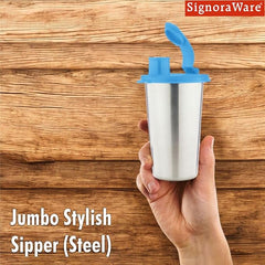 SignoraWare Stainless Steel Stylish Sipper with Lid | Air Tight Leak Proof Glass Tumblers/Sippers for Office Gym Yoga Hiking Trekking Travel Home Kitchen (450ml), Set of 1