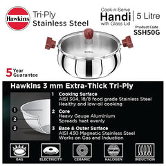 Hawkins Cook n Serve Handi, Triply Stainless Steel Handi with Glass Lid, Induction Sauce Pan, Saucepan, Silver
