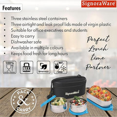 Signoraware Double Decker Special Stainless Steel Lunch Box with Insulated Bag Keeps Food Warm / Leak Spill Proof / Food Grade Tiffin Container (350ml+350ml+650ml