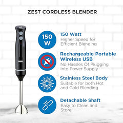 BOSS Zest Cordless Hand Blender | 150-Watts | Rechargeable With Multifunctional Blade | Detachable Shaft | Next-GEN