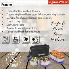Signoraware Double Decker Special Stainless Steel Lunch Box with Insulated Bag Keeps Food Warm / Leak Spill Proof / Food Grade Tiffin Container (350ml+350ml+650ml